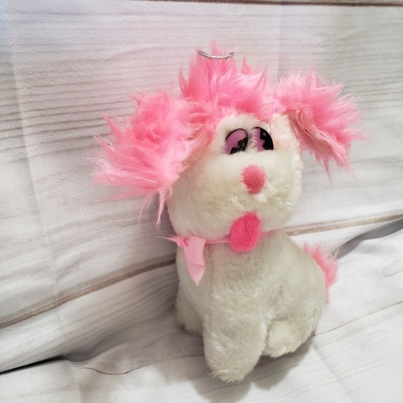 White Puppy Dog 7" Plush Pink Fuzzy Ears Carnival Style Felt Tongue Pink Eyes 80 - Picture 4 of 11